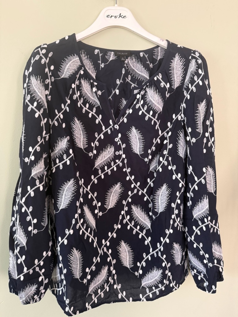 Talbots Navy Blouse with White Embroidered Leaf Motif